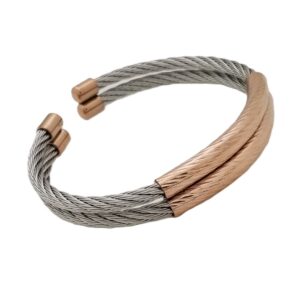 Double Bar Stainless Bangle w/Rose Gold Accents