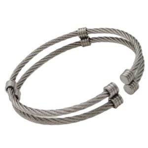2 Wire Cable Stainless Silver Bangle w/Silver Accents