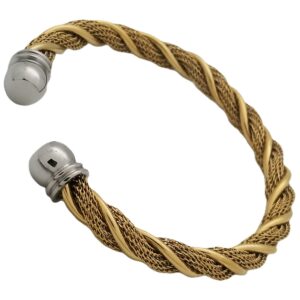 Cable Dress Stainless Gold Bangle w/Silver Colored Ends