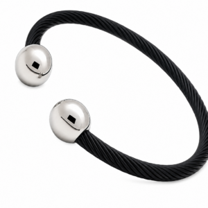 Cable Stainless Black Bangle with Silver Ends