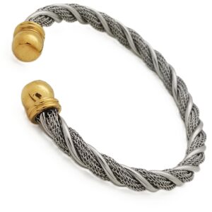 Cable Dress Stainless Silver Bangle w/Gold Colored Ends